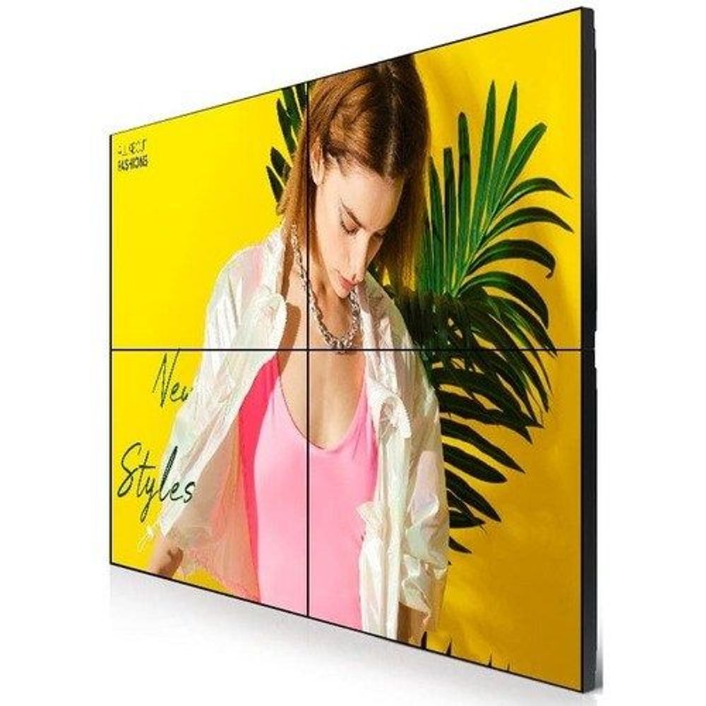 55-inch Samsung digital signage LCD display showing a woman on a yellow graphic