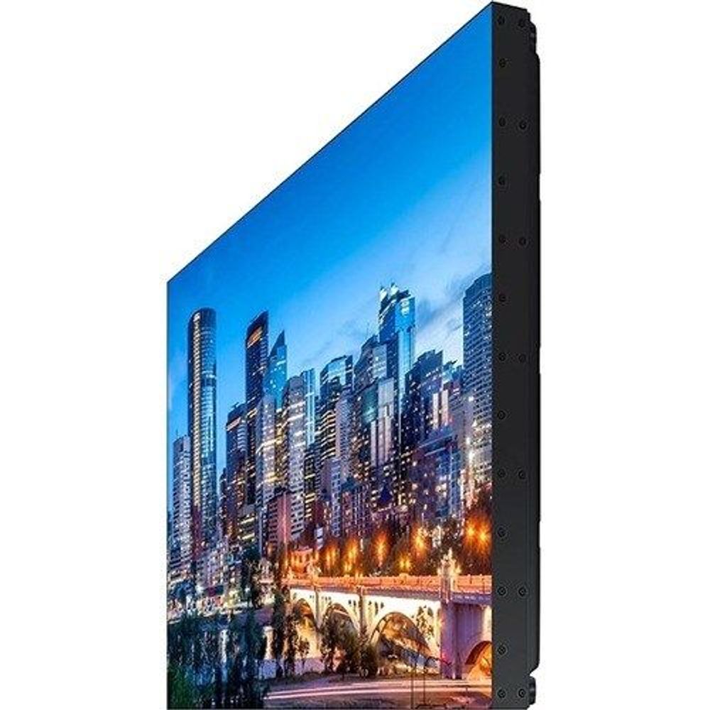 55-inch Samsung digital signage LCD display angled view with city skyline wallpaper