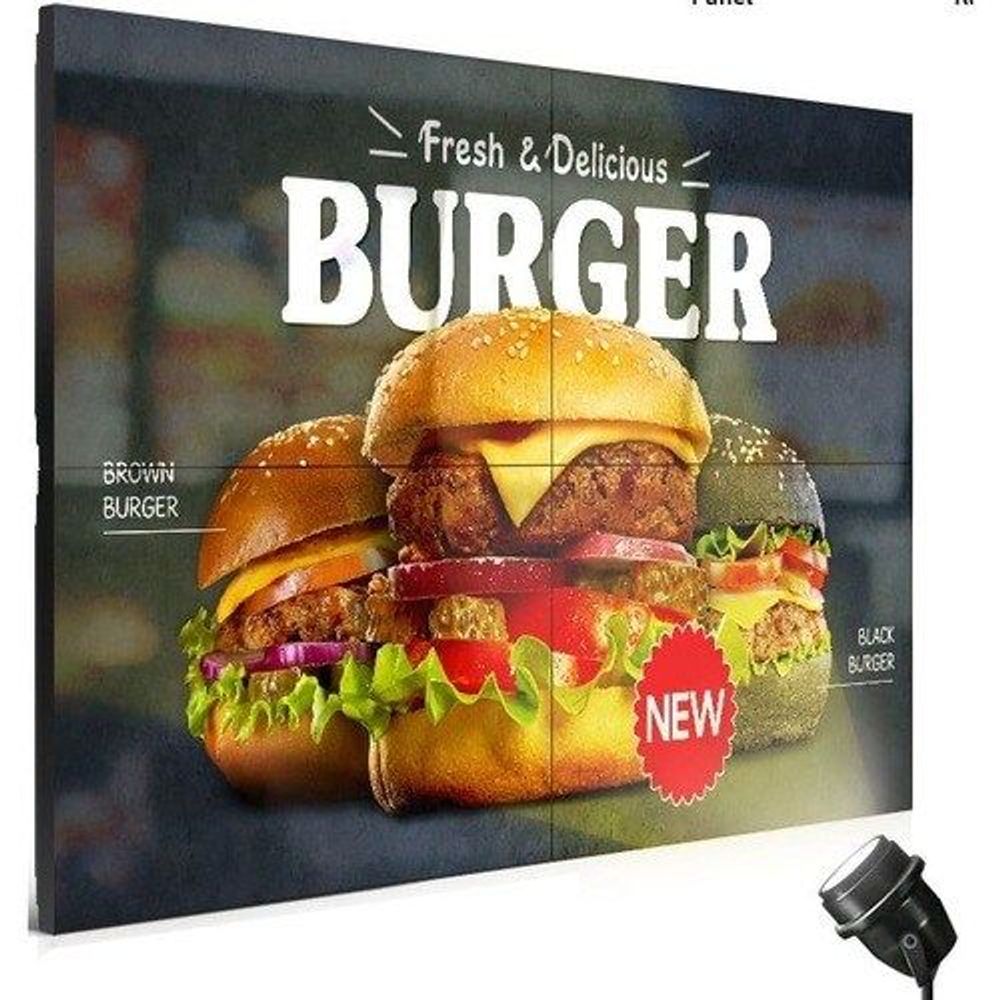 55-inch Samsung digital signage LCD display with large “BURGER” text and “NEW” badge