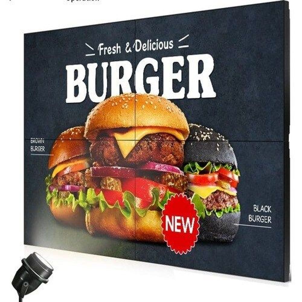 55-inch Samsung digital signage LCD display showing a burger advertisement with “NEW”