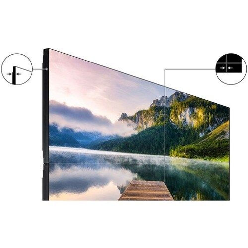 55-inch LCD digital signage display showing a mountain landscape