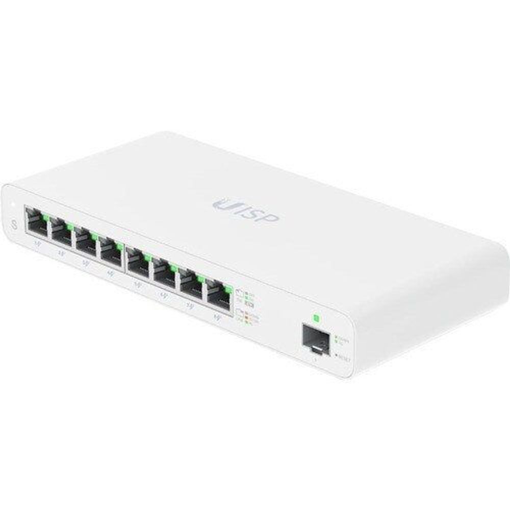 Ubiquiti UISP-S 8-port managed switch, angled view showing RJ45 ports and LEDs