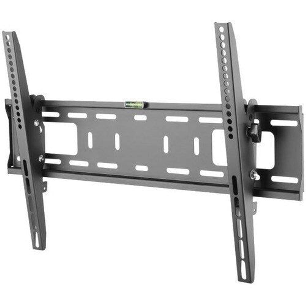Atdec TV wall mount bracket, black steel, angled view of side arms and rail