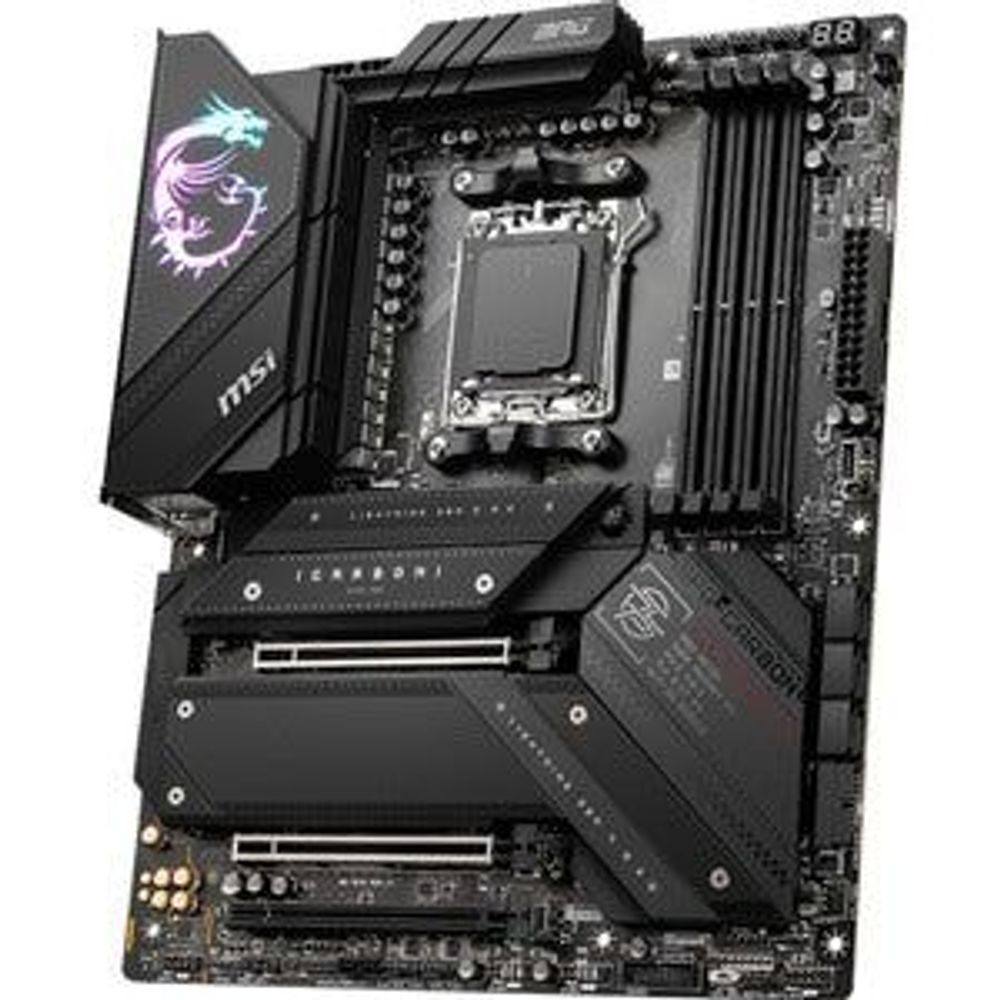 MSI MPG X670E gaming motherboard angled view with CPU socket and PCIe slots
