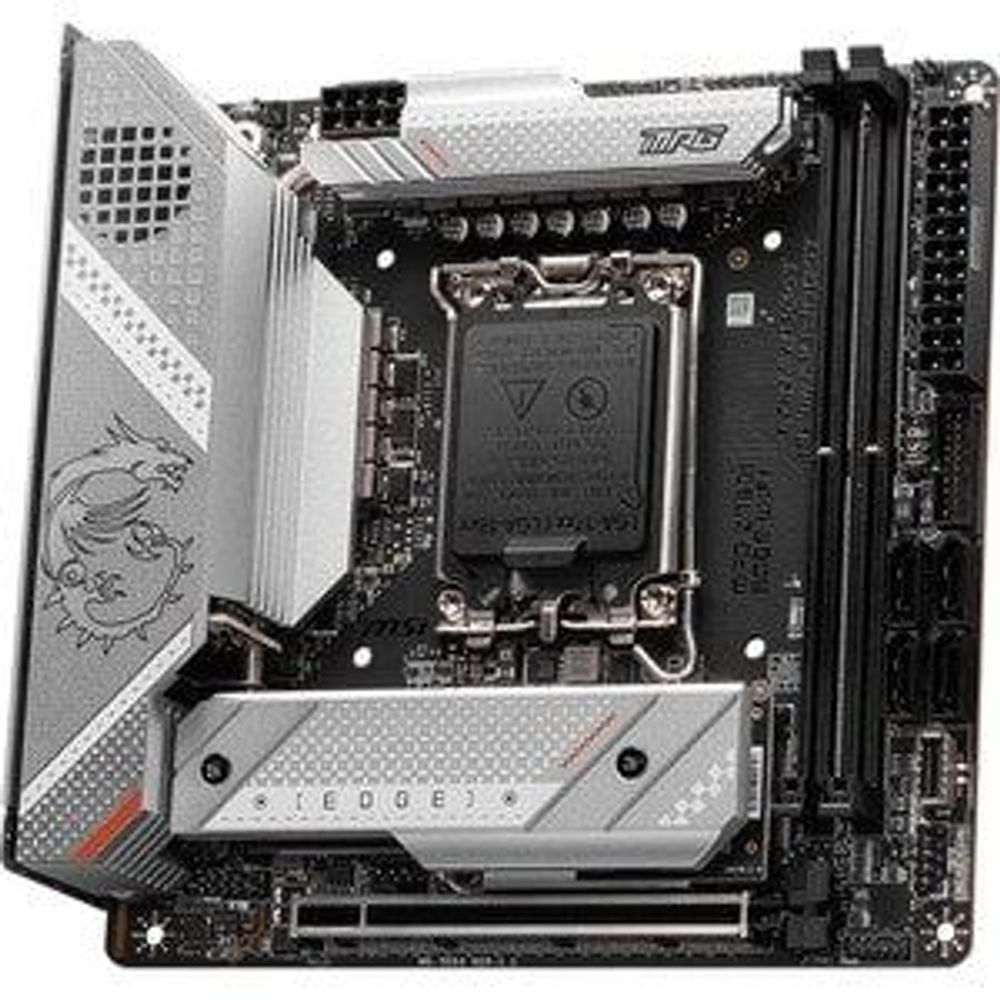 Gaming desktop motherboard close-up with CPU socket and memory slots, black and silver