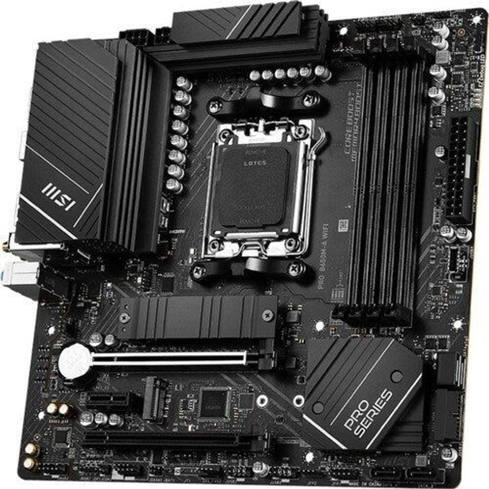 MSI Pro series motherboard close-up with CPU socket, VRM heatsinks, and PCIe slots