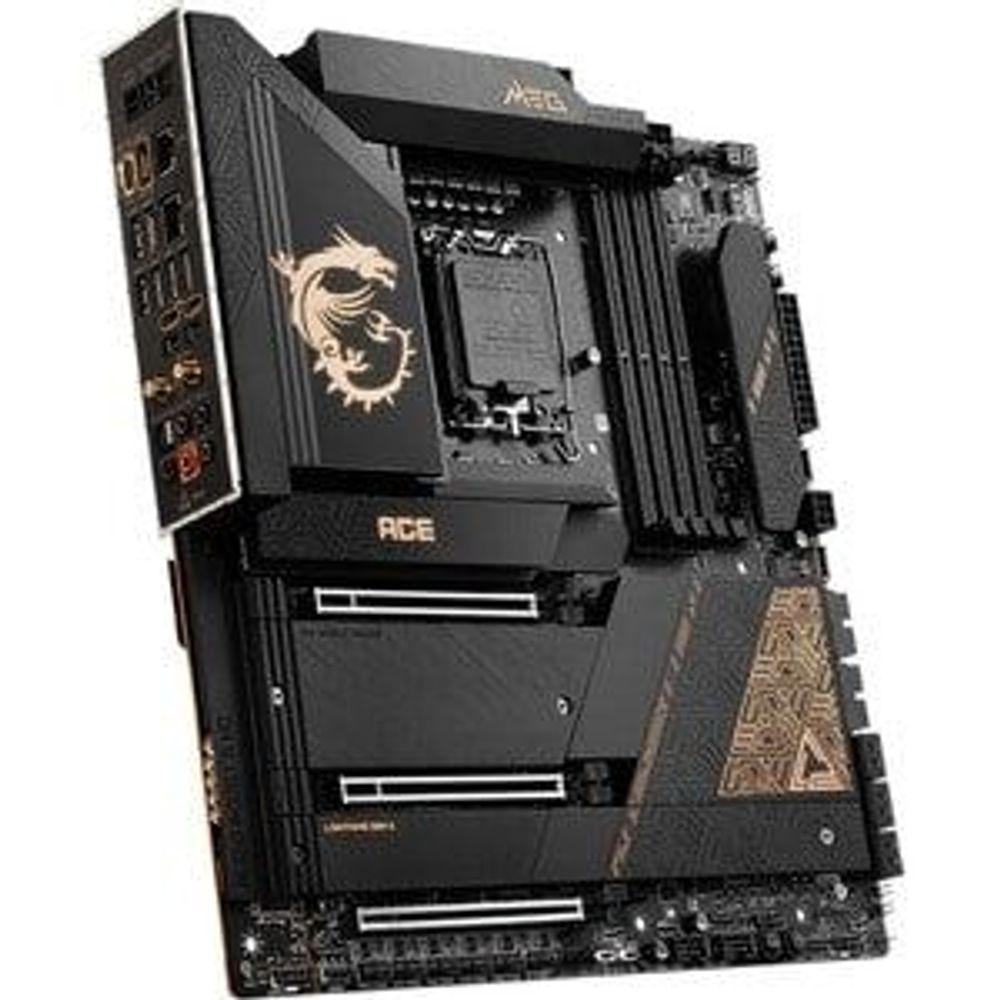 MSI MEG Z790 Ace ATX motherboard angled view of heatsinks and expansion slots
