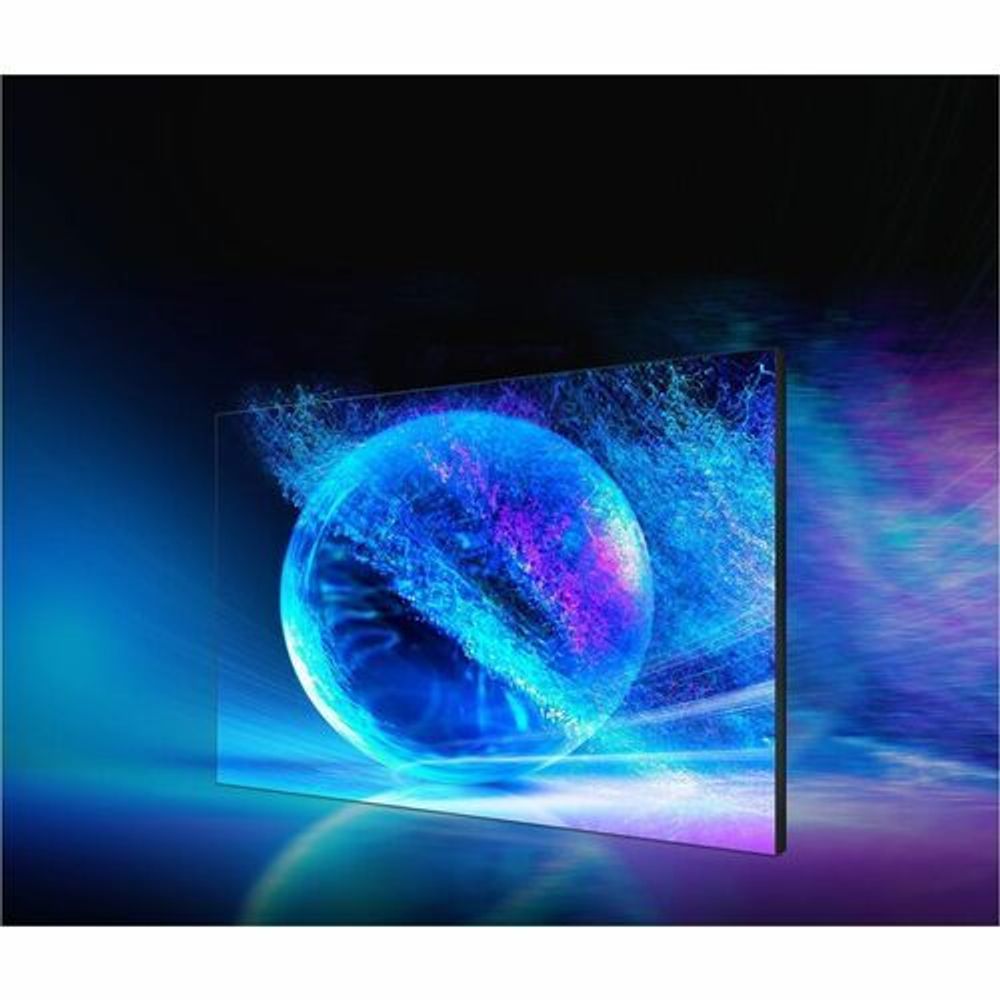 Digital signage display showing colorful planet and nebula graphic on the screen