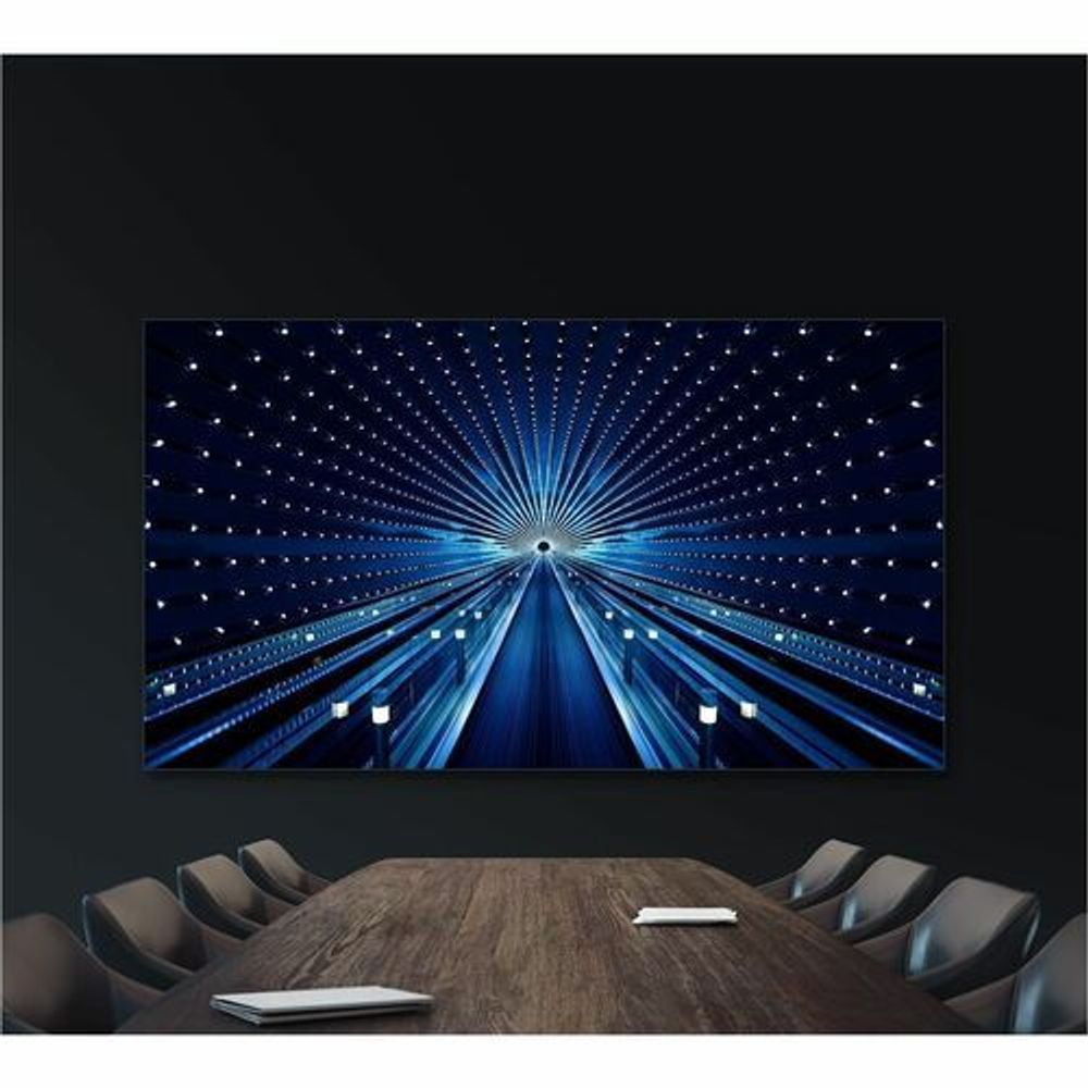 Digital signage display in a room showing a blue light tunnel graphic