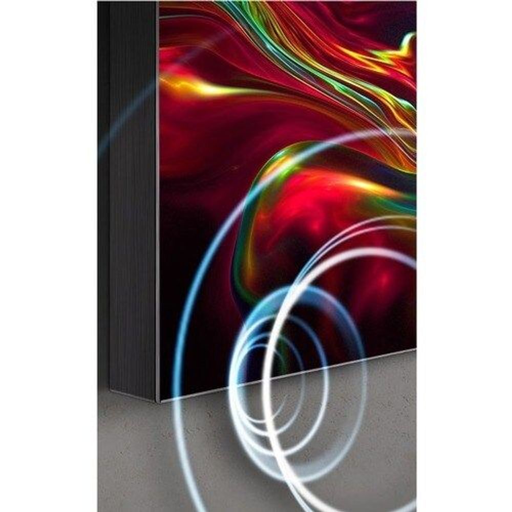 Digital signage display angled view with colorful abstract screen and light trails