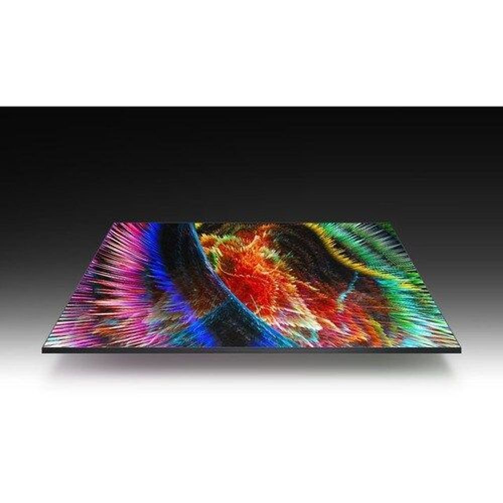 Slim LCD signage display showing colorful abstract wave image on screen