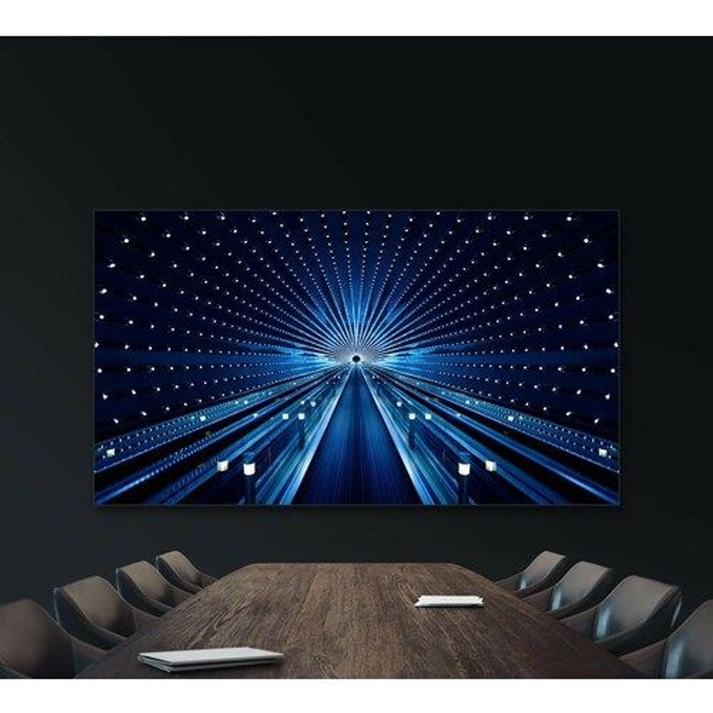 Wide LCD signage display showing blue tunnel light graphic on dark screen