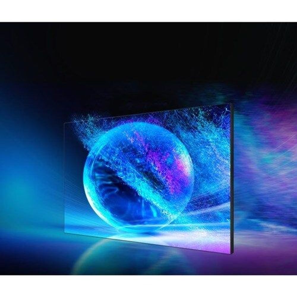 Digital signage display showing glowing blue planet graphic on a dark background