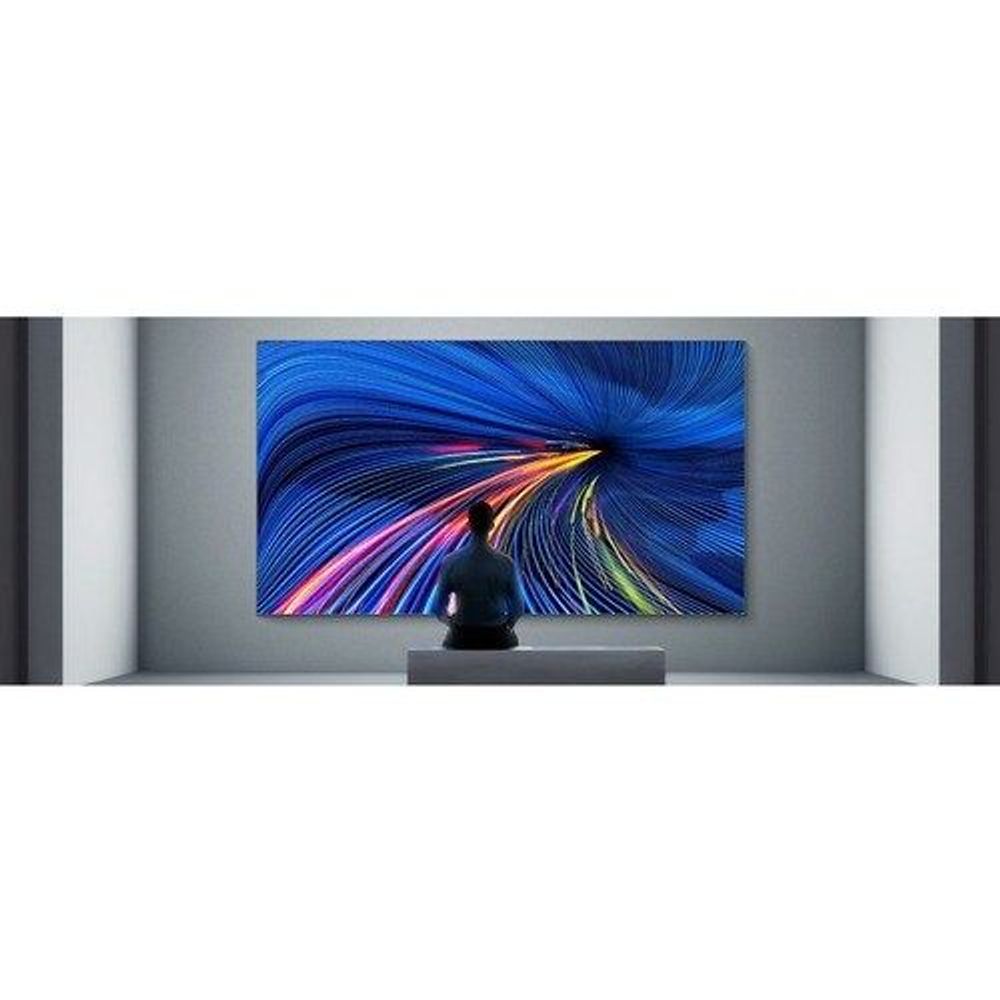 146-inch LCD digital signage display with colorful abstract blue artwork on screen