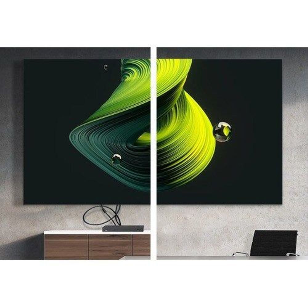LCD signage display with split green abstract swirl graphics on dark screen