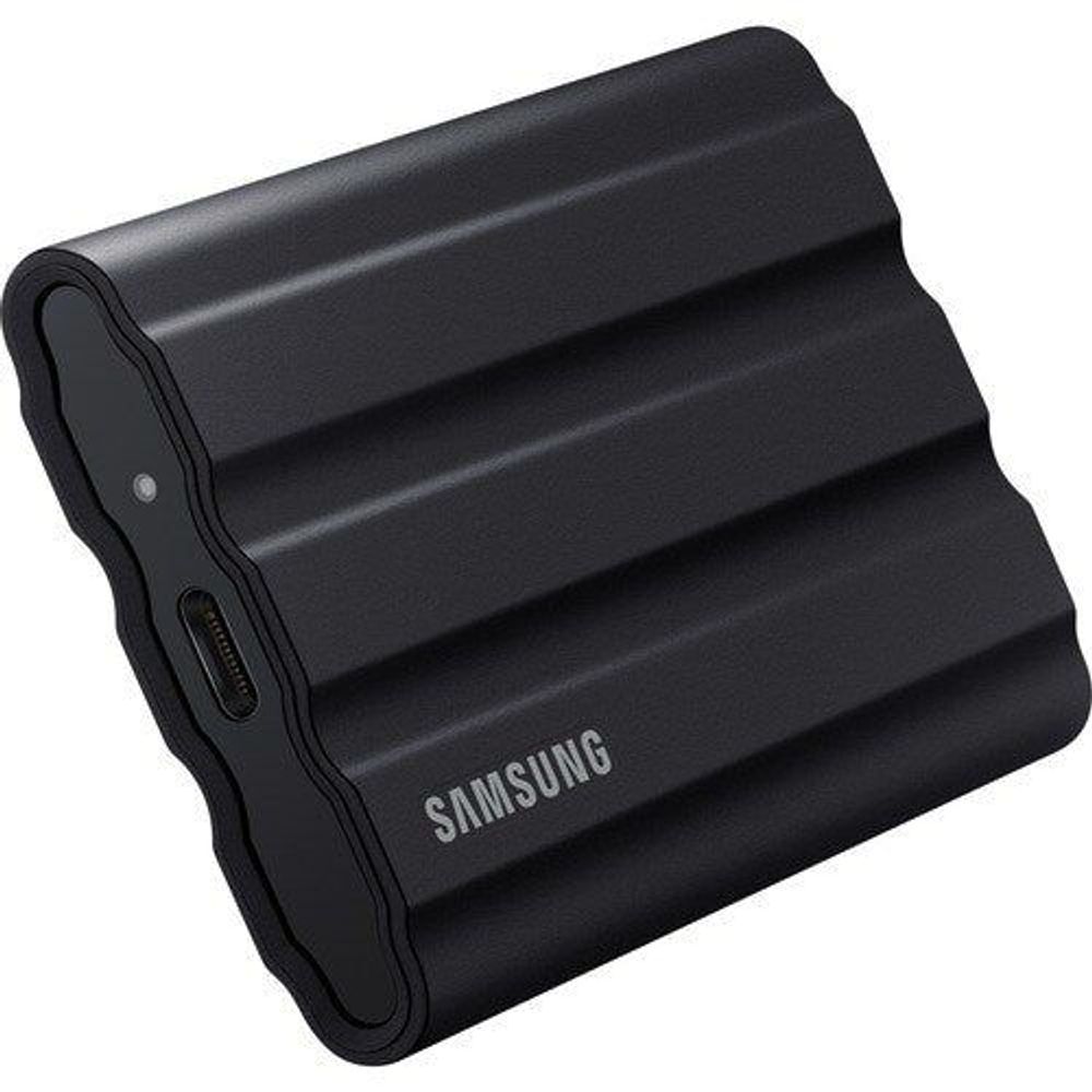 Black Samsung T7 Shield portable SSD with USB-C port opening on side