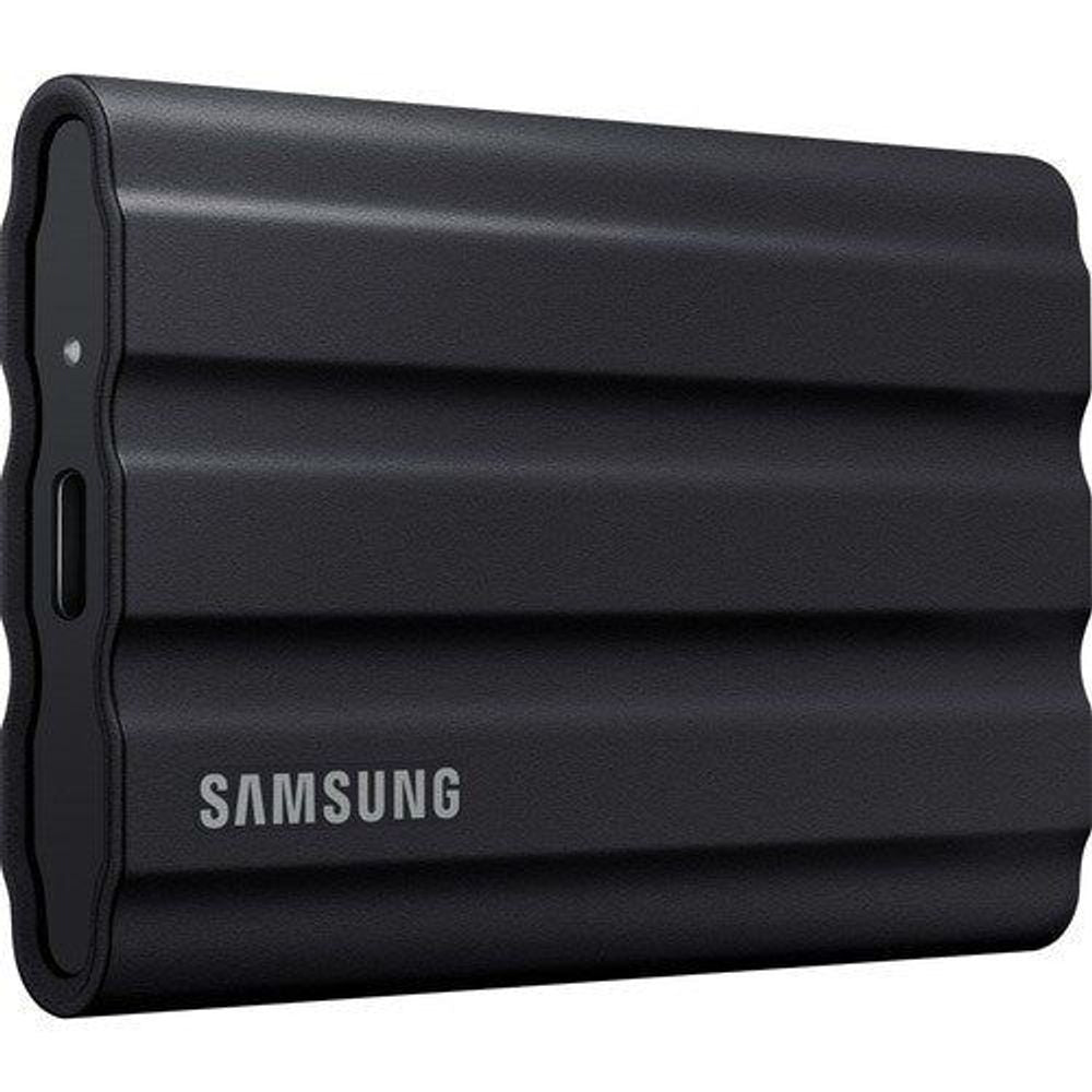 Black Samsung T7 Shield portable SSD with textured rugged case
