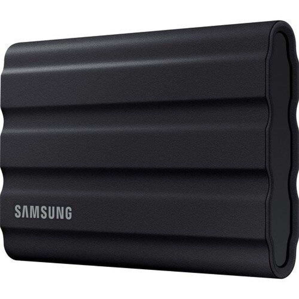 Black Samsung T7 Shield portable SSD front edge with embossed branding