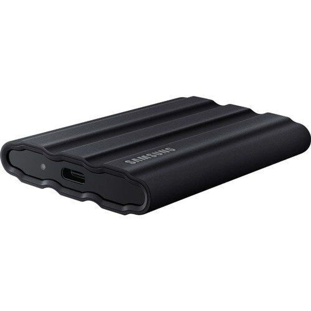 Black Samsung T7 rugged portable SSD side view with port openings