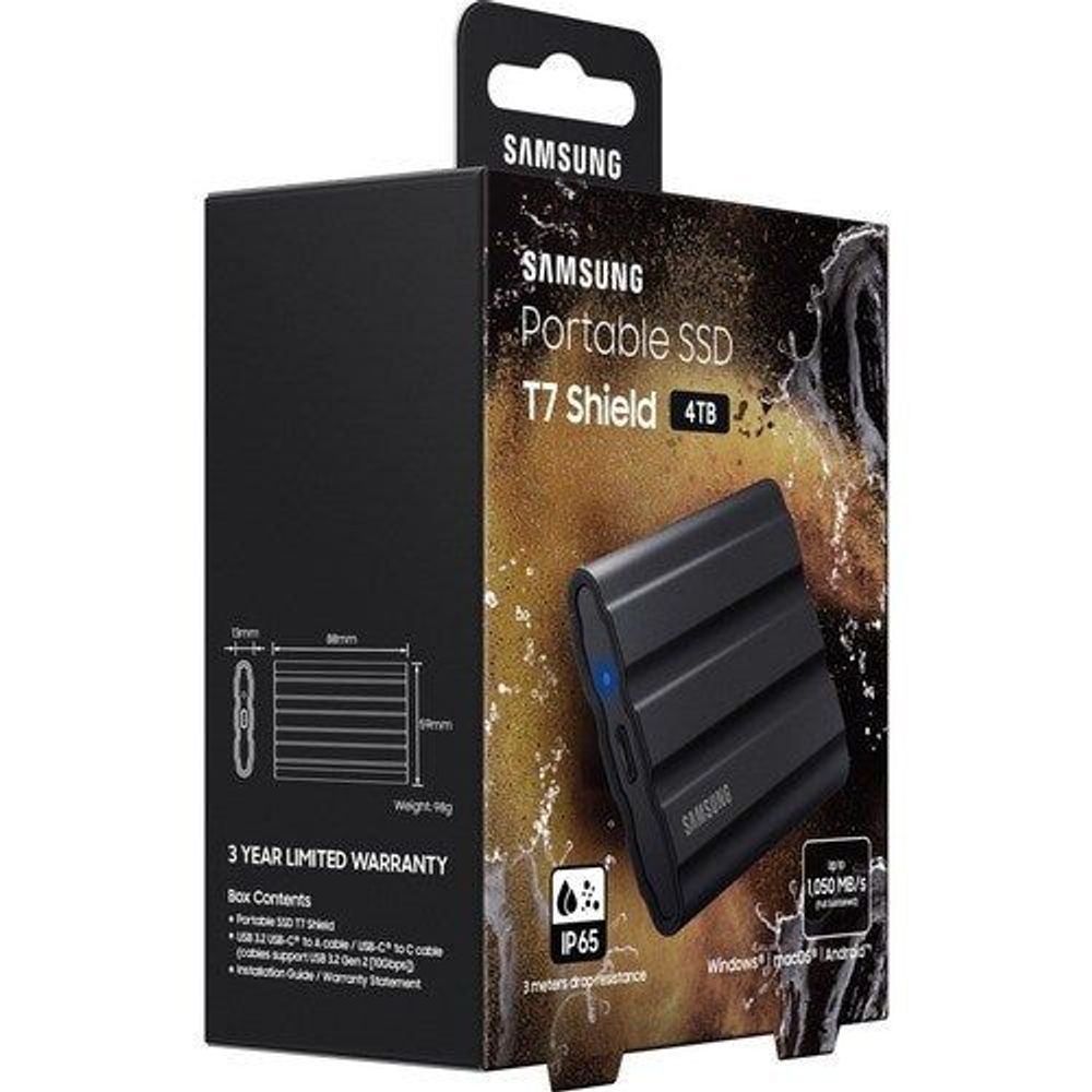 Samsung Portable SSD T7 Shield 4TB package side panel with icons and dimensions