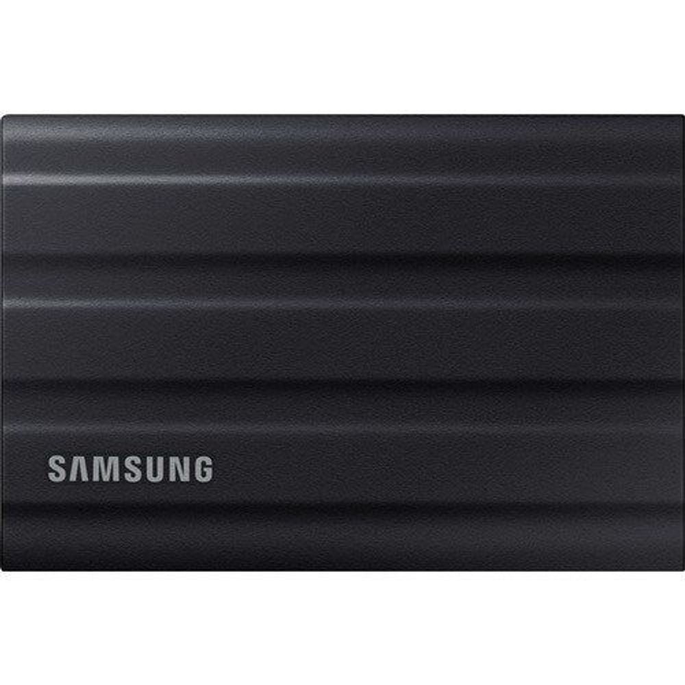 Black Samsung T7 Shield portable SSD with Samsung logo on textured surface