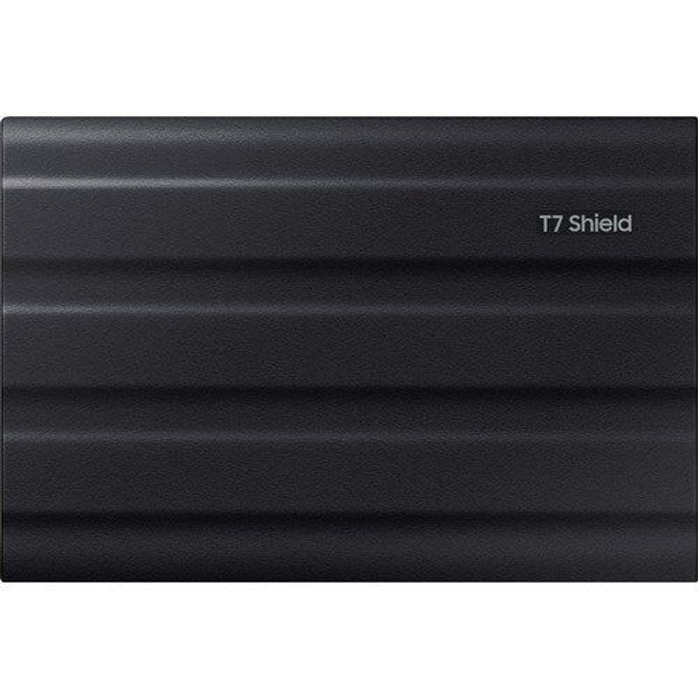 Black Samsung T7 Shield portable SSD case with small “T7 Shield” text
