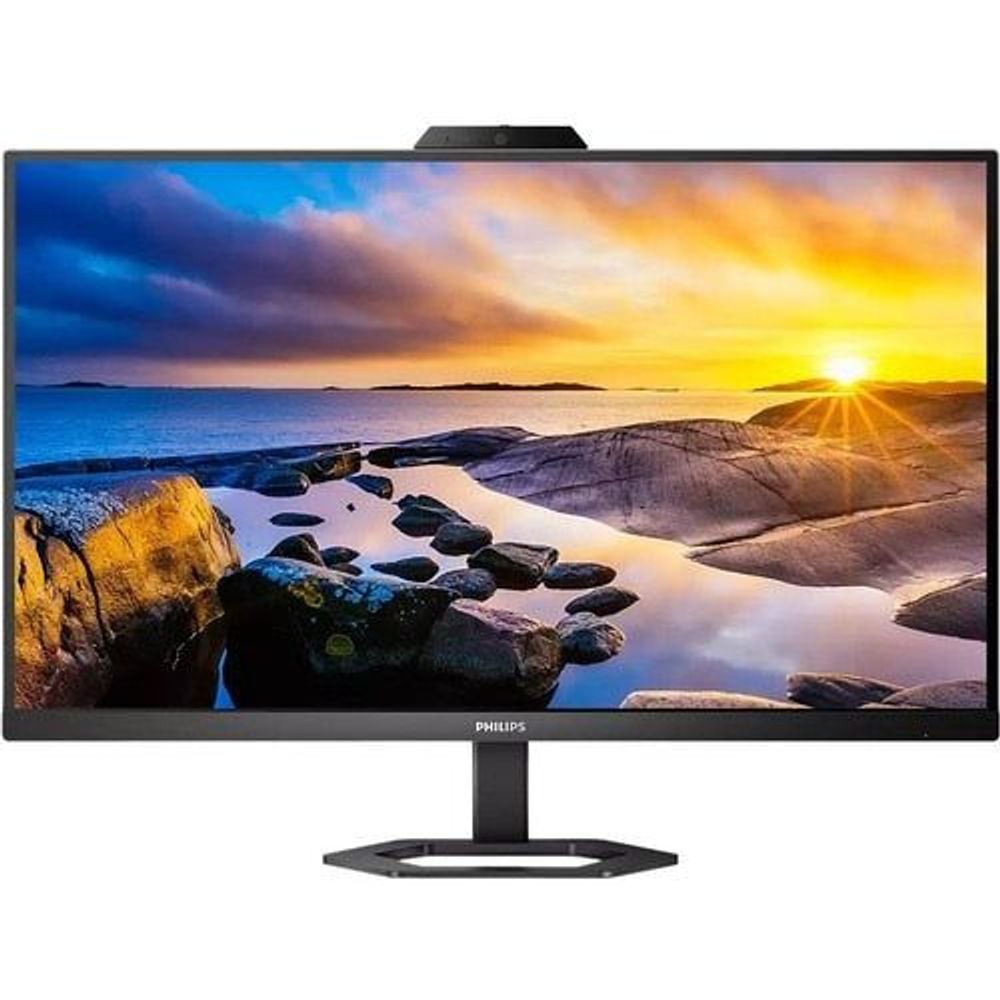 WQHD LCD monitor front view, black frame and webcam module on pedestal stand