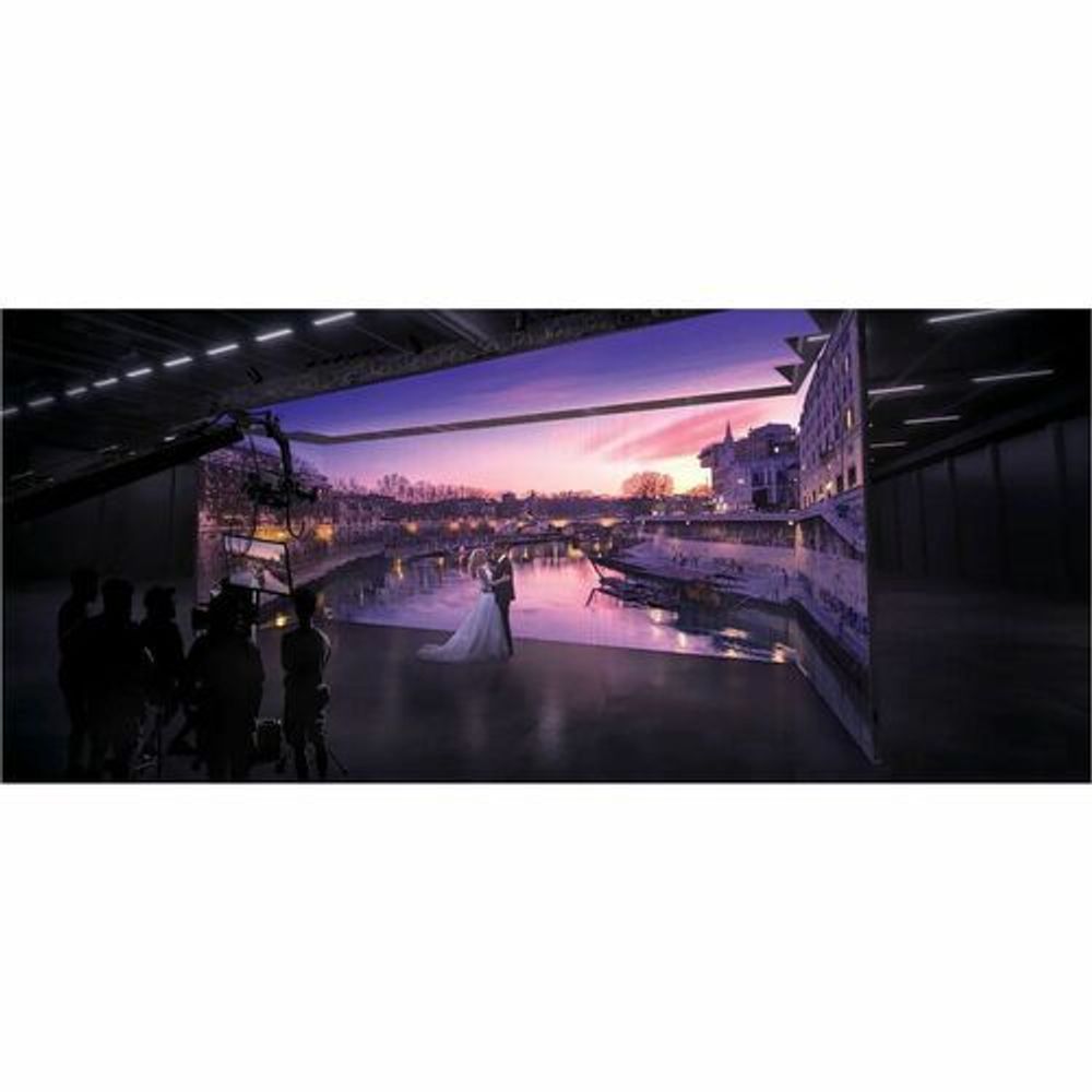 Digital signage LCD display showing scenic waterfront city image