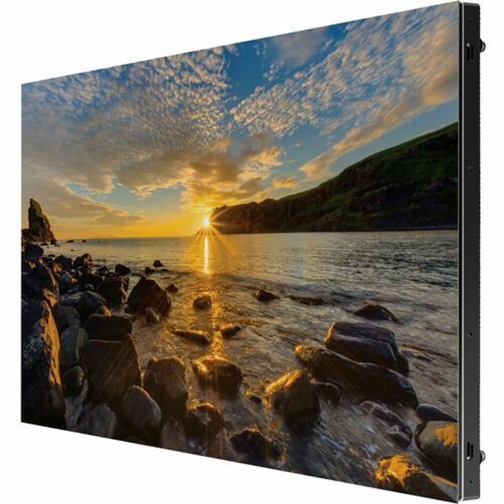 Digital signage LCD display with seaside sunset image across the screen