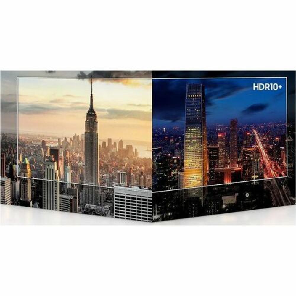 Digital signage LCD display showing split city images with HDR10+ label