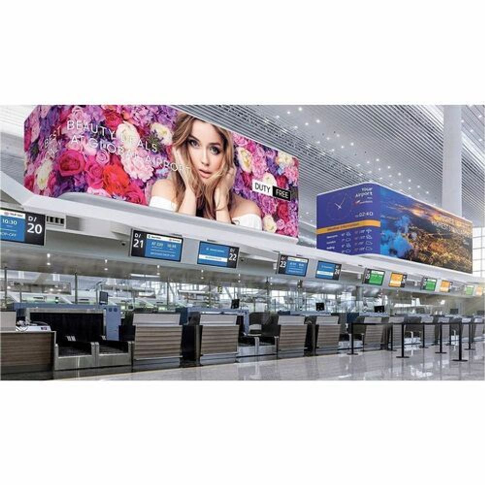 Digital signage LCD display showing travel shopping graphics and counters