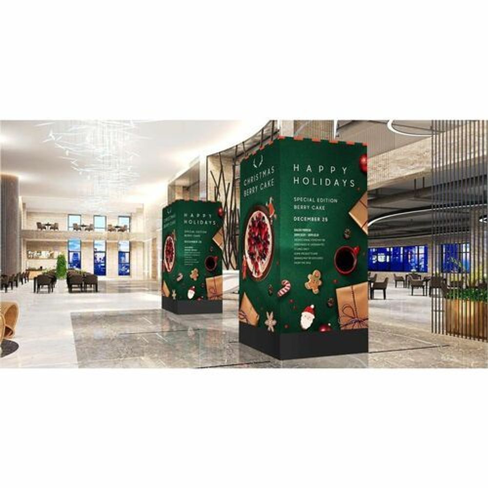 Digital signage LCD display showing festive holiday banner on screen