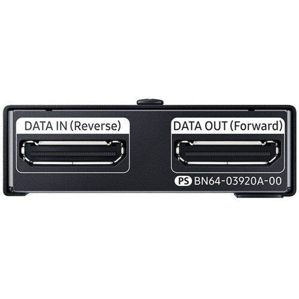 Samsung signage box rear video data ports labeled DATA IN (Reverse) and DATA OUT (Forward)