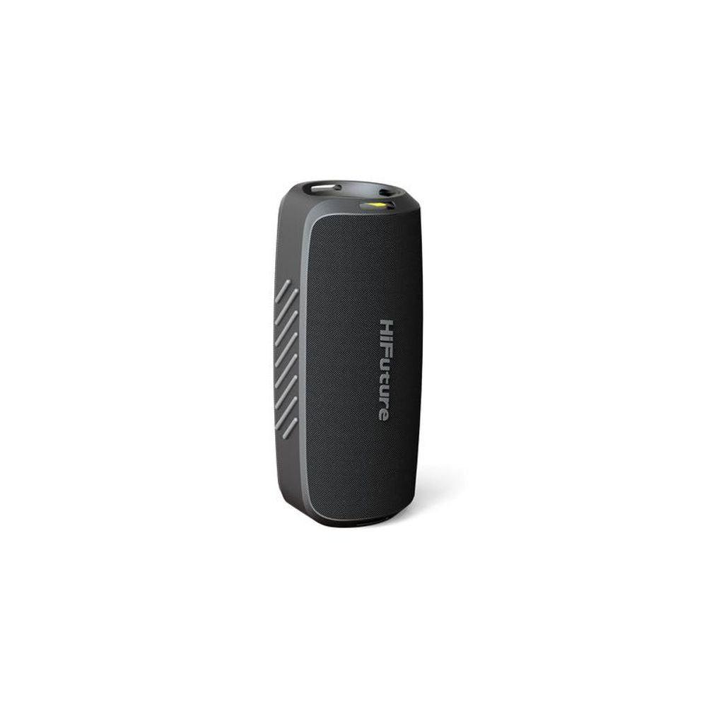 Black Bluetooth speaker, side view with vertical grille vents and top control area