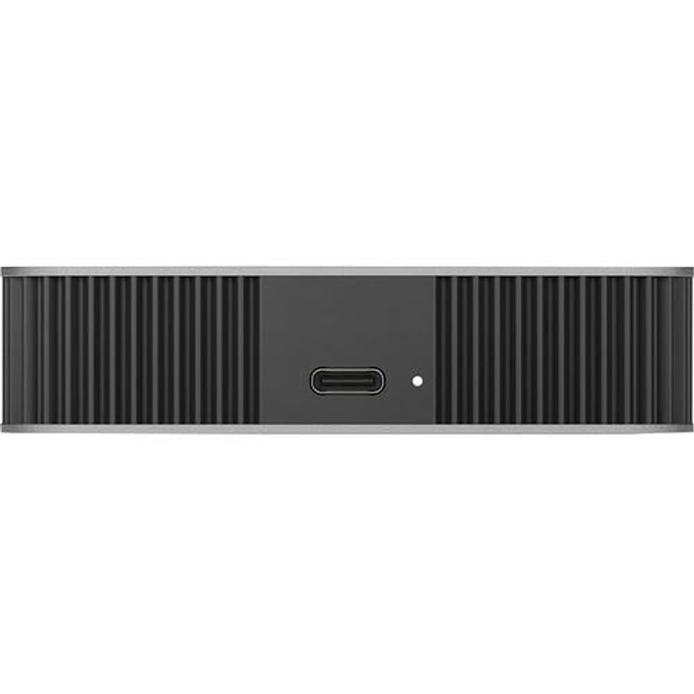 LaCie portable hard drive side view with USB-C port on ribbed black panel