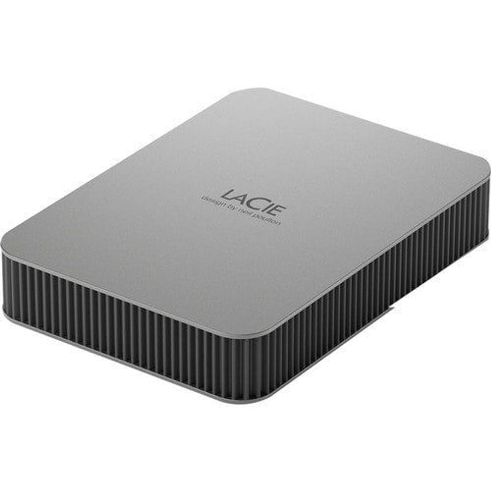 LaCie portable hard drive with light gray top and ribbed black bottom