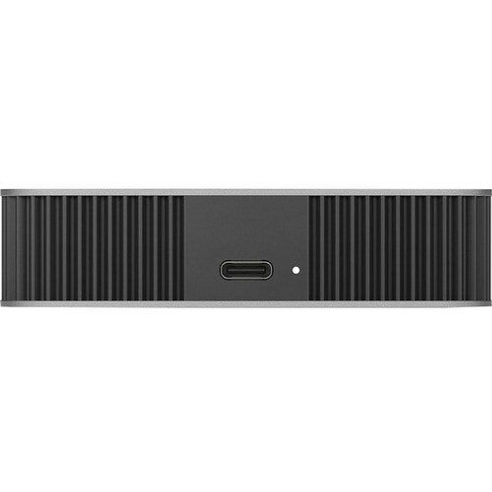Black ribbed side of LaCie portable hard drive with USB port.