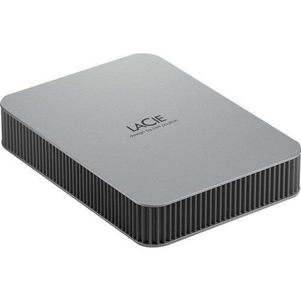 LaCie portable hard drive with light gray top and black ribbed sides, angled view.