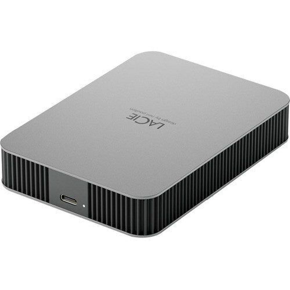 LaCie portable hard drive angled view with gray top and side USB port.