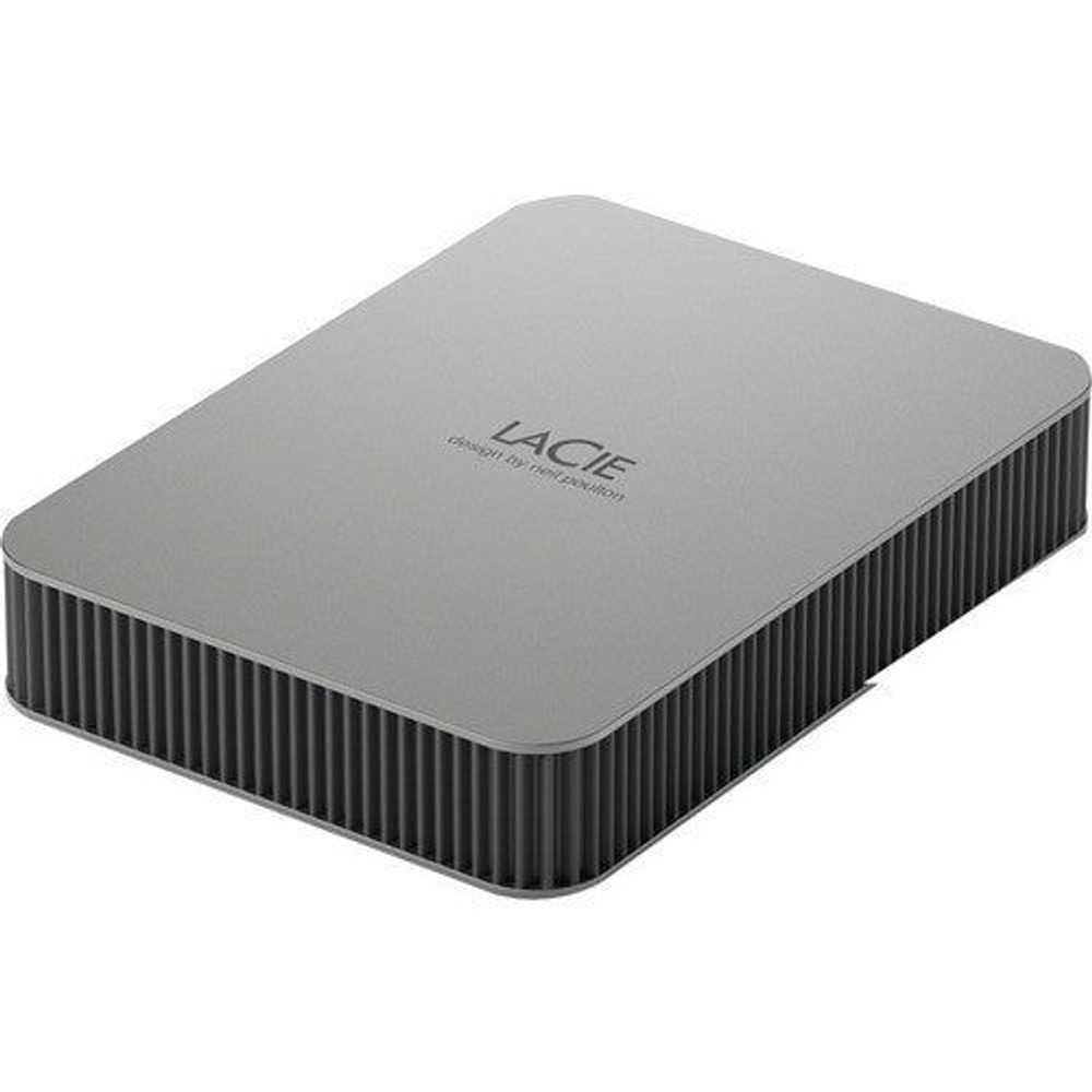 Light gray LaCie portable hard drive with LACIE logo, angled top view.