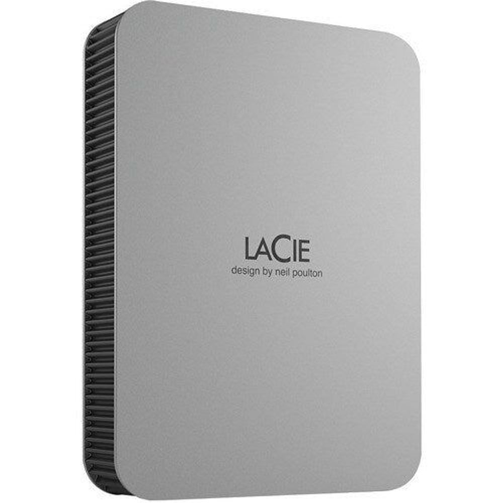 Close-up of light gray LaCie portable hard drive front with ribbed edge.