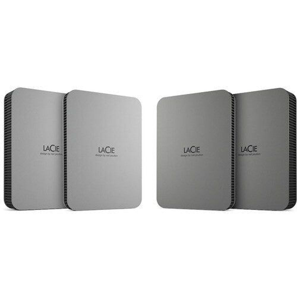 Pair of portable hard drives with gray tops and ribbed black sides