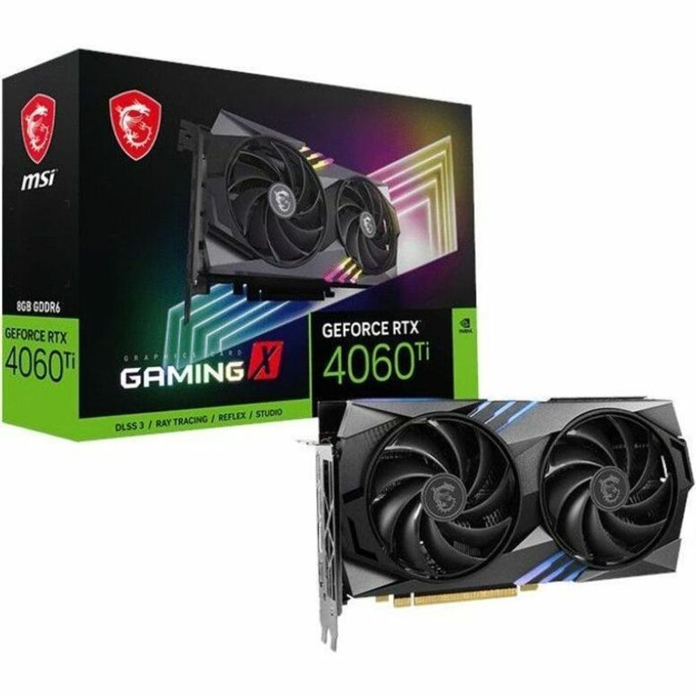 MSI GeForce RTX 4060 Ti gaming graphics card with retail box and dual-fan design