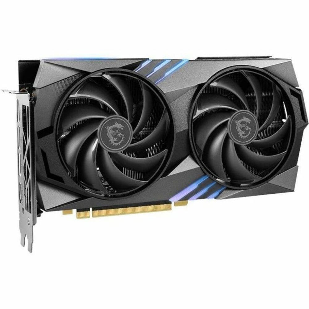 Black dual-fan graphics card with cooling shroud and accent stripes