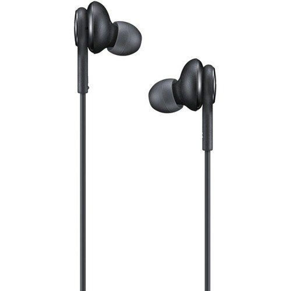 Black in-ear earbud pair with dual-driver style housings on straight cable