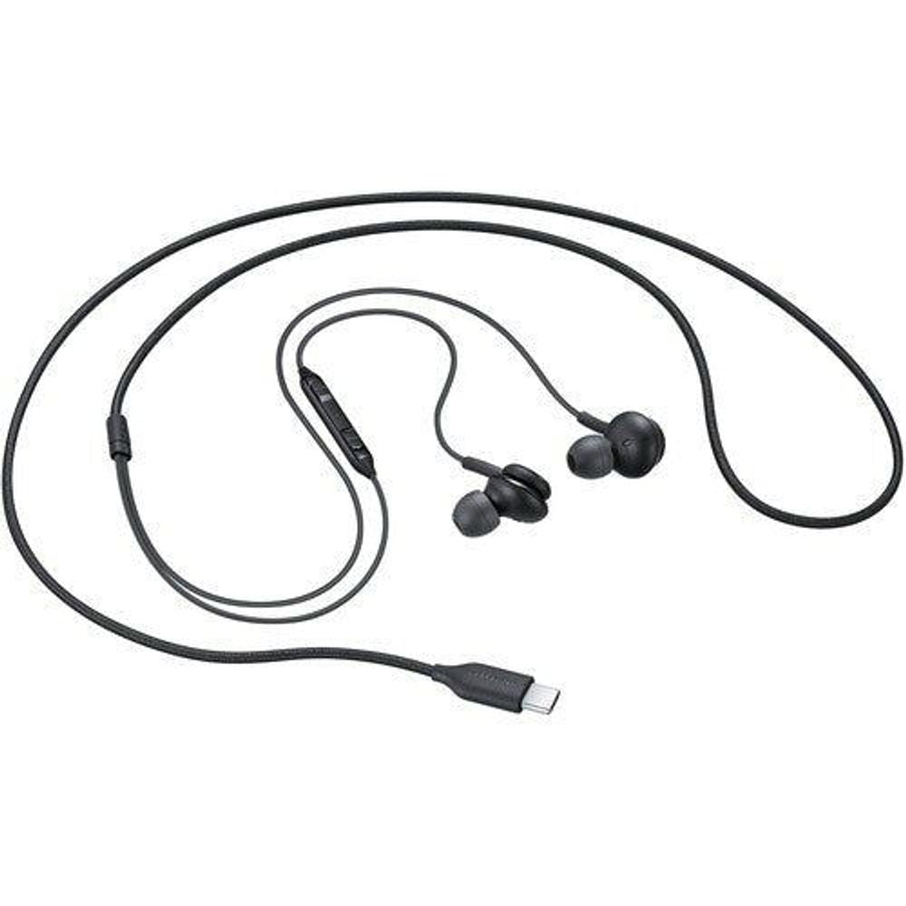 Wired in-ear earphones with black earbuds and USB-C connector on flat cable