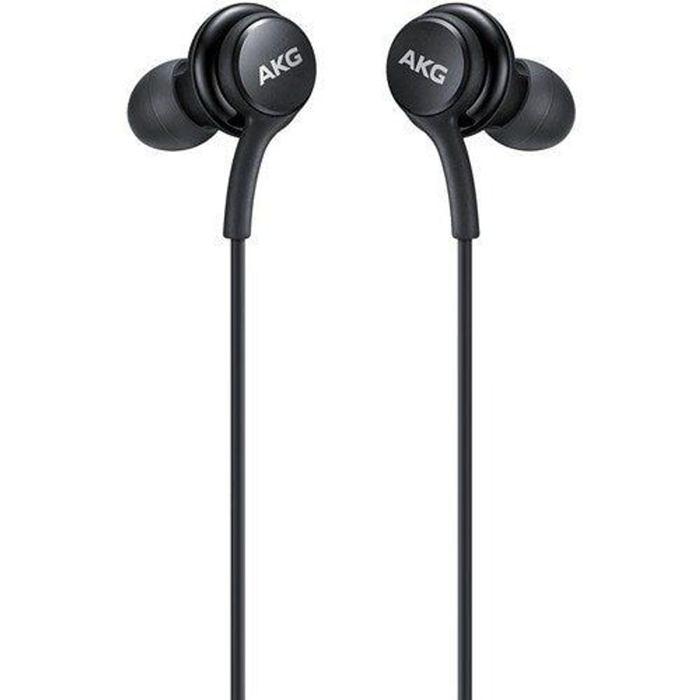 AKG-branded black in-ear earbud pair on wired cable