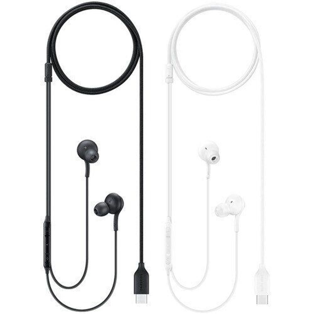 Wired in-ear earphones set with black and white earbuds and USB-C cable
