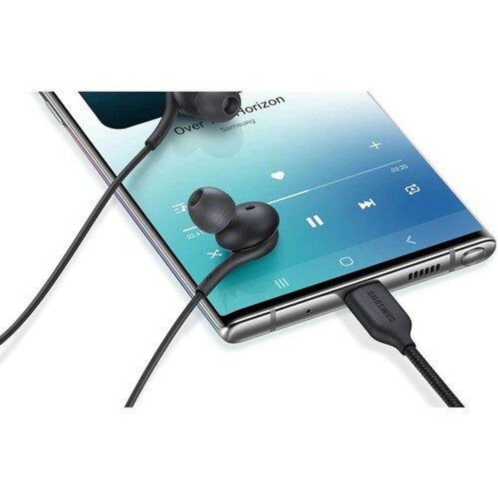 Wired in-ear earphones with black earbuds connected to a smartphone via cable