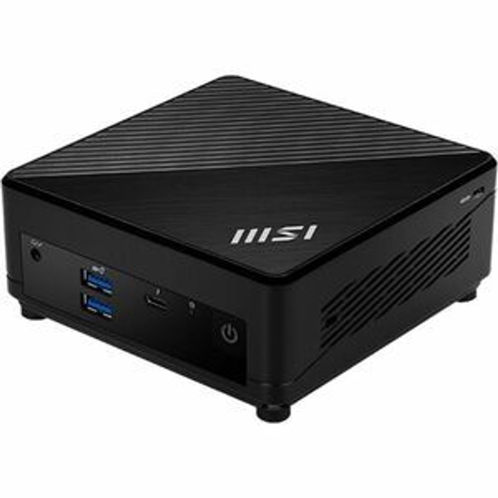 Black mini PC barebone system with top ventilation lines, side ports visible